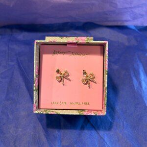 Betsey Johnson Crystal Bow Stud Earrings Gold Tone Rhinestone NIB